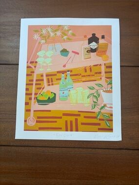 Handmade 'Bar Cart' Home Art Print in Peach and Green
